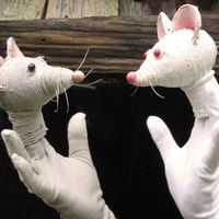 <em>Town Mouse and Country Mouse</em> (2013) por Hand to Mouth Theatre (New Forest, Reino Unido), puesta en escena: Su Eaton, concepción y fabricación de títeres: Martin Bridle y Sue Eaton. Títeres de guante. Foto: Su Eaton