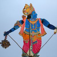 Krishna, une marionnette d'ombre en <em>c</em>uir par un maître de <em>togalu gombeyata</em>, Gunduraju (Karnataka, Inde). Photo réproduite avec l'aimable autorisation de Atul Sinha