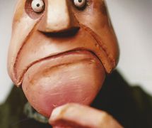 This, character from <em><em>The Unlikely Birth of</em> Istvan</em> (2000) by Old Trout Puppet Theatre Workshop. Wood. Photo: Jason Stang