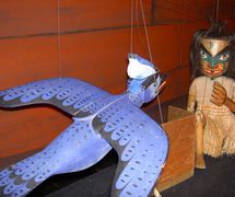 Blue Jay and Q'we-ti, a Carter Family Marionettes production of Q'we-ti: Tales of the Makah Tribe. String puppets and rod marionettes: Duane Pasco and Stephen Carter, costumes: Chris Carter. Award: Citation of Excellence in the Art of Puppetry from UNIMA-USA, 1991-1992. Photo: Dmitri Carter