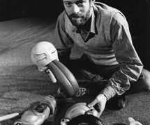 Christopher Leith holding VIP and Frightening Creature 2. Mask puppetry from <em>The Overcoat</em> (c.1981), an adpation of Nikolai Gogol’s short story by Christopher Leith (London) and Caricature Theatre (Cardiff), direction and design: Christopher Leith. Photo courtesy of Collection: The National Puppetry Archive. Photo: Tessa Musgrove
