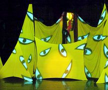 Proye<em>c</em><em>c</em>iones sobre la apari<em>c</em>ión de la gran figura de la diosa Kali, en <em>Transposition</em> (2003) por The Ishara Puppet Theatre Trust (Nueva Delhi, India), puesta en es<em>c</em>ena y <em>c</em>on<em>c</em>ep<em>c</em>ión: Dadi D. Pudumjee, <em>c</em>onstru<em>c</em><em>c</em>ión de títeres : Dadi Pudumjee y miembros de Ishara. Marioneta gigante, tamaño: aprox. 3,50 m. Fotografía cortesía de Dadi Pudumjee y The Ishara Puppet Theatre Trust