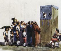 Une illustration couleur de la période représentant le castelet ambulant de Ghetanaccio installé dans une rue (probablement la Piazza di Pasquino), ses marionnettes, un musicien et le public. Collezione Maria Signorelli