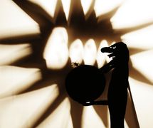 <em>The Mother of All Enemies</em> (2003), shadow theatre by Paul Zaloom. Scene with <em>Karagöz</em> and SuiBmbBOOM