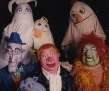 <em>The Spooks of Bottle Bay</em> (1990s), television series for Carlton TV by Playboard Puppets. Characters featured in the photo: (bottom left) Cedric, (centre) Sid being spooked, Max the dog, (right) Sybil Sludge, (top, left to right) Sally Spook, Baby Spook, Fred Spook. Photo courtesy of Playboard Puppets