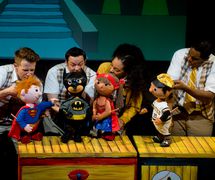 Four superheroes, from <em>My Superhero Roberto Clemente / Mi Superhéroe Roberto Clemente</em>, a bilingual production (in English and Spanish) for family audiences by Teatro SEA (New York, NY, United States). Rod puppets/tabletop puppetry, height: 40 cm (16”). Photo: Javier González